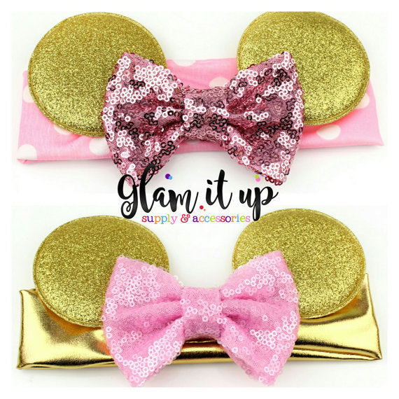 Minnie Mouse Headband-pink and gold headband-Baby Headband-Toddler Headband- Hair Bows-Minnie mouse pink and gold headband-Minnie Hairbow