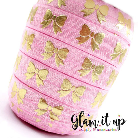 Pink & Gold Bow Print 5/8" FOE - Fold Over Elastic