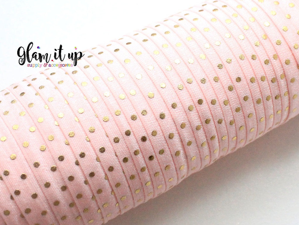 Gold Dot Pink Print 5/8" FOE - Fold Over Elastic