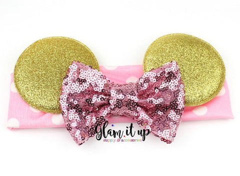 Minnie Mouse Headband-pink and gold headband-Baby Headband-pink polka dot- Hair Bows-Minnie mouse pink and gold headband-Minnie Hairbow