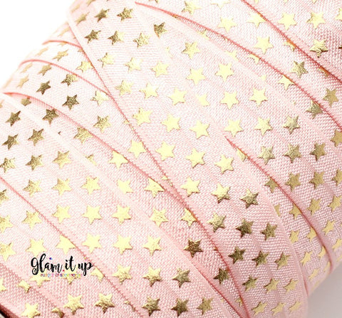 Pink & Gold Star Print 5/8" FOE - Fold Over Elastic