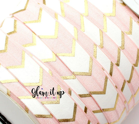 Pink & Gold Chevron Print 5/8" FOE - Fold Over Elastic