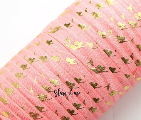 Mermaid Coral Pink Print 5/8" FOE - Fold Over Elastic