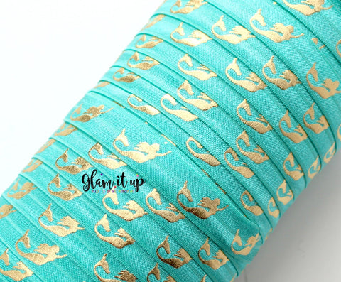 Mermaid Print Jade 5/8" FOE - Fold Over Elastic
