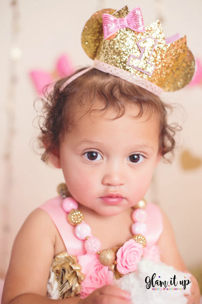 First Birthday Hat-first birthday crown-First birthday-first birthday outfit-1st Pink and gold birthday-pink and gold crown-Minnie Crown