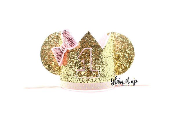 First Birthday Hat-first birthday crown-First birthday-first birthday outfit-1st Pink and gold birthday-pink and gold crown-Minnie Crown