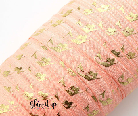 Mermaid Coral Peach Print 5/8" FOE - Fold Over Elastic
